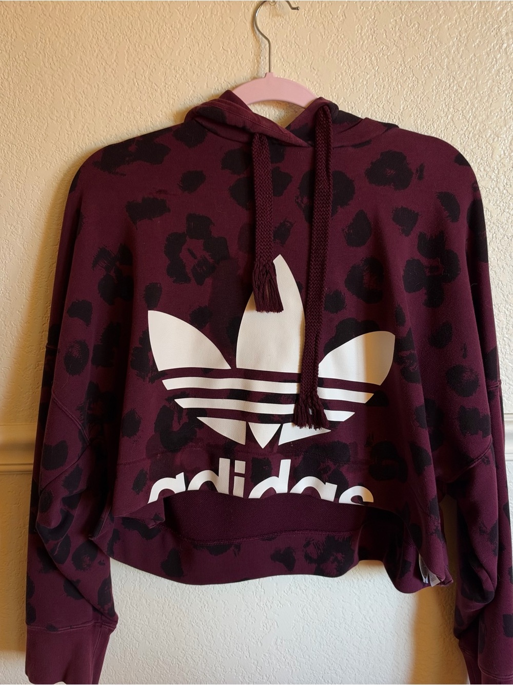 adidas Women’s Maroon Leopard Cropped Hoodie with White Trefoil size S